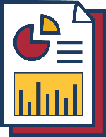 Red and yellow icon of documents with graphs and charts on them