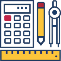 Icon with calculator, pencil, drawing compass, and ruler