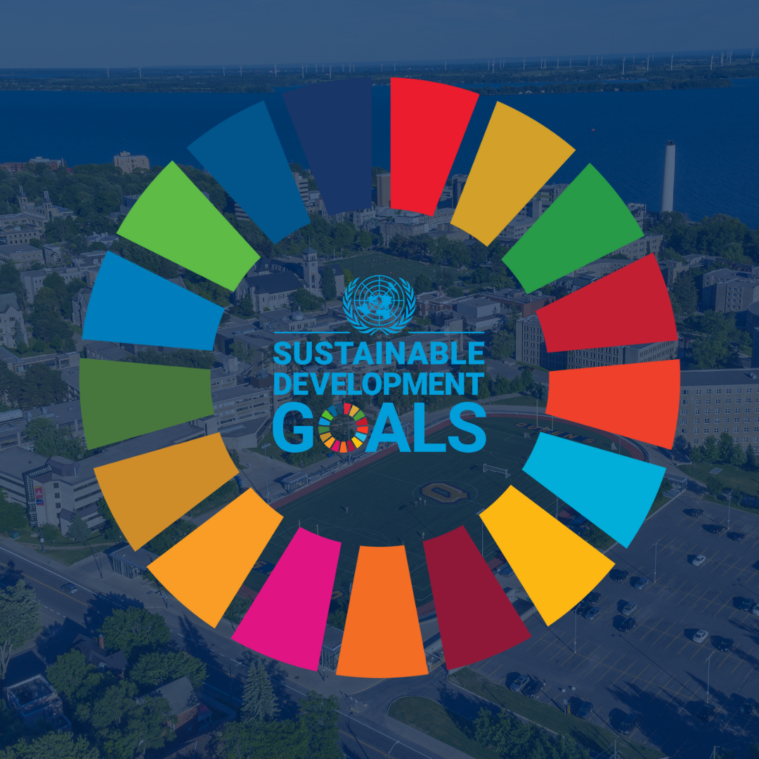 UN SDG Logo with a Queen's campus background image